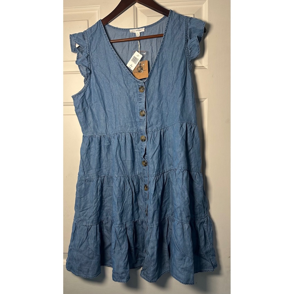 Blu Pepper L Denim Chambray Tiered Ruffle Sleeve‎ V Neck Button Front Dress NWT